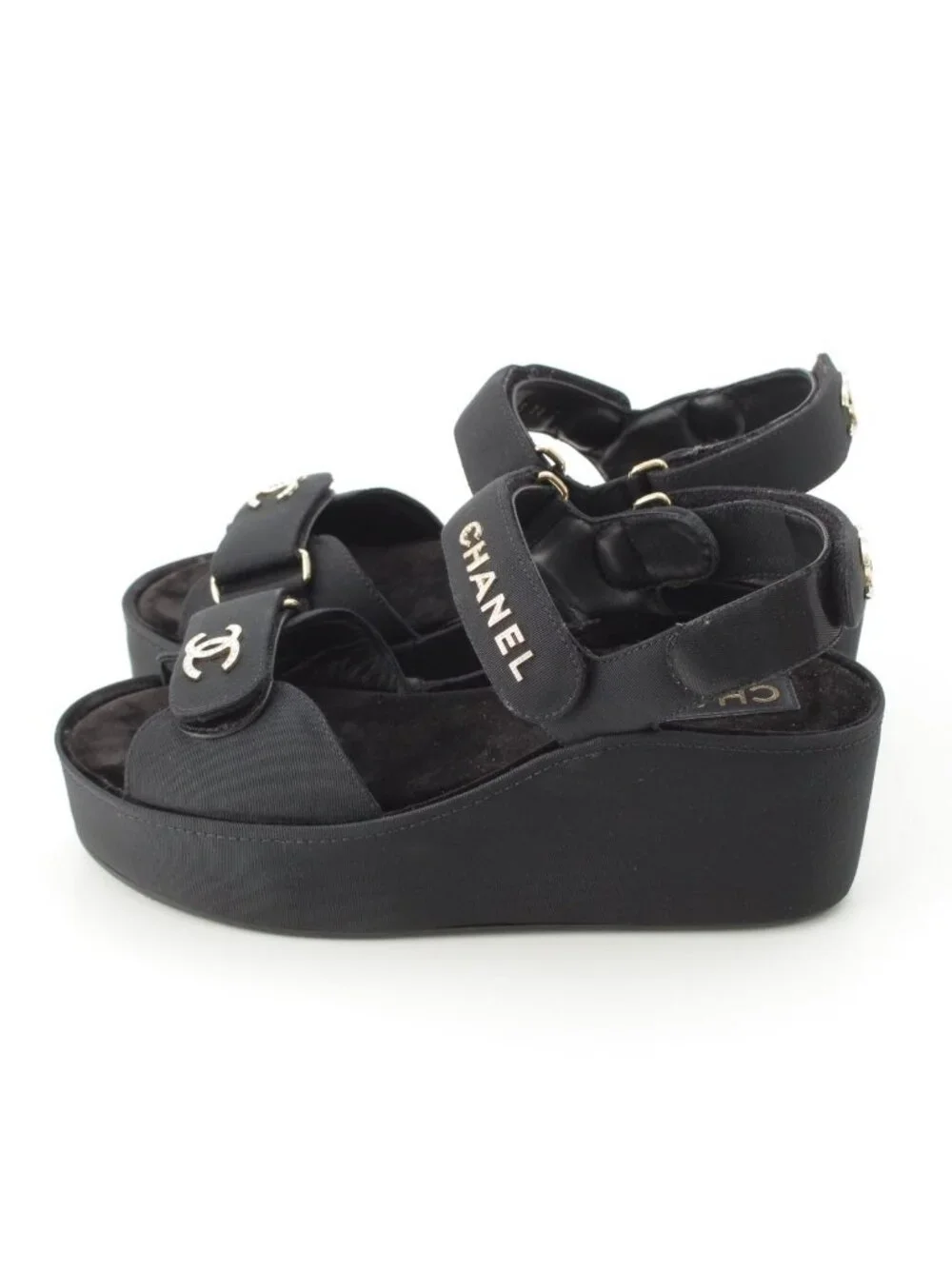 Chanel Rhinestone CC Logo Velcro Sandals Shoes Black 38C